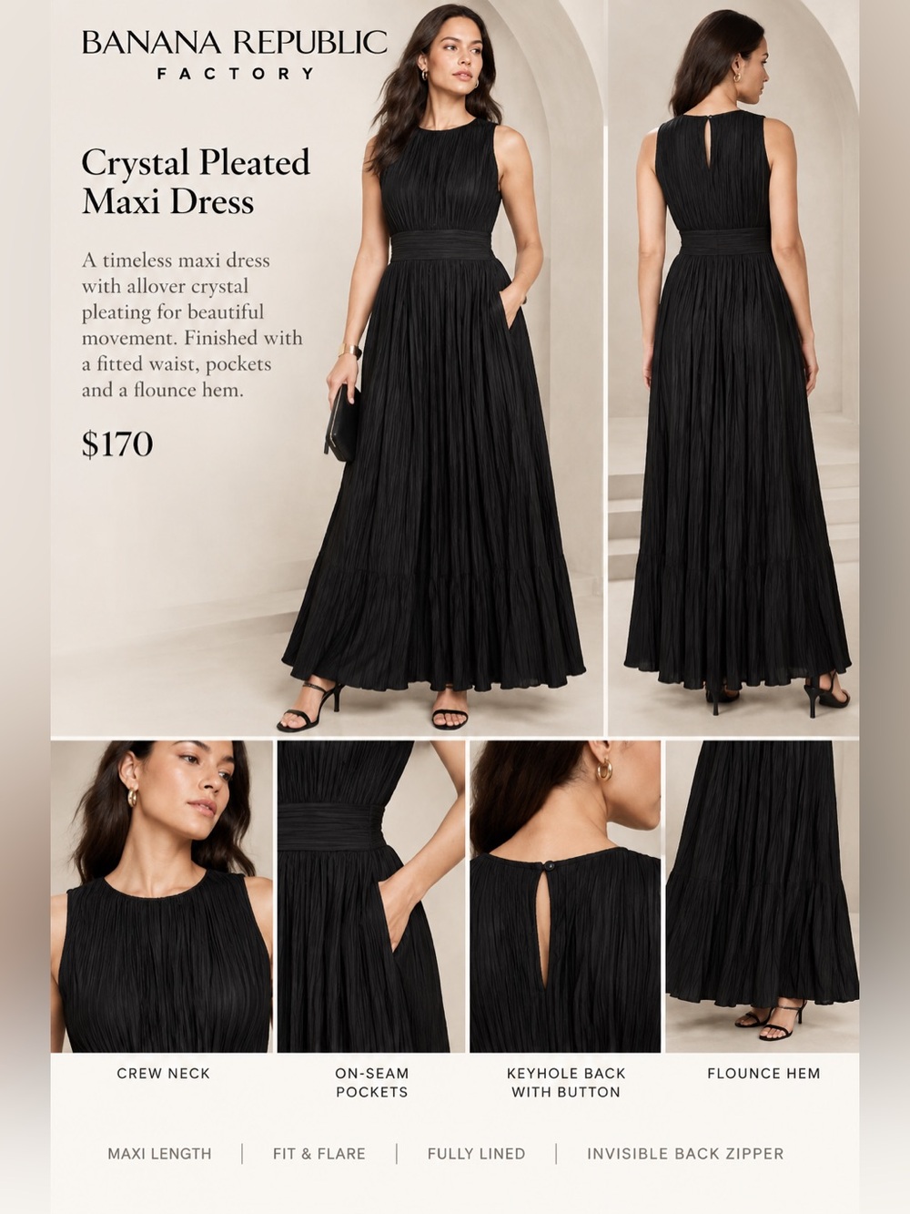 Banana Republic Crystal Pleated Maxi Dress Black NWT Formal Wedding Guest | 14